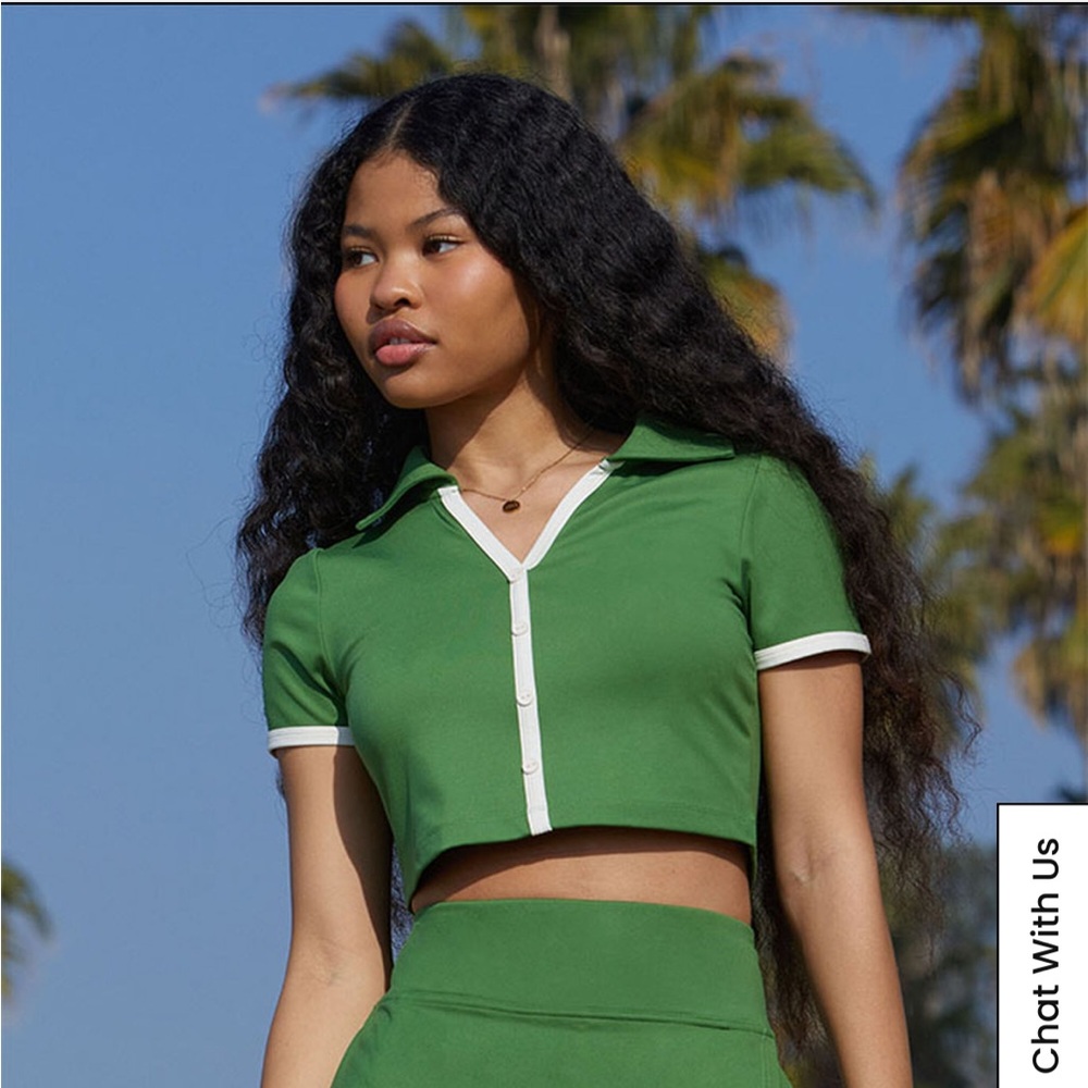 PacSun 1980 Green Sporty Polo Crop Top with White Trim Small